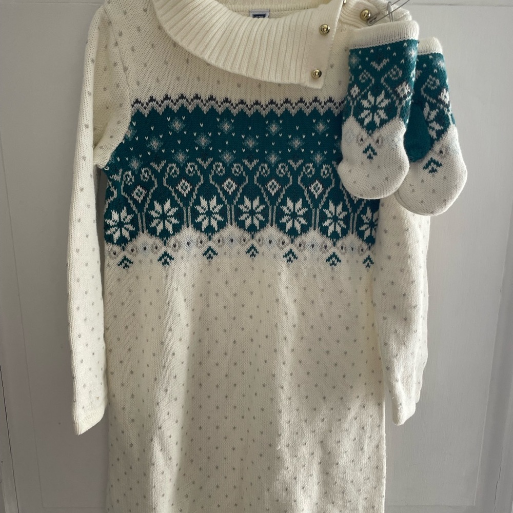 Janie and Jack Cream Cowl Neck Sweater Dress w/ mittens